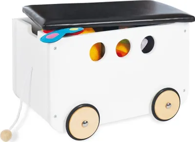 Imagen del producto de Caja de juguetes Pinolino Jim, con tapa removible, cordón para arrastrar y ruedas de goma