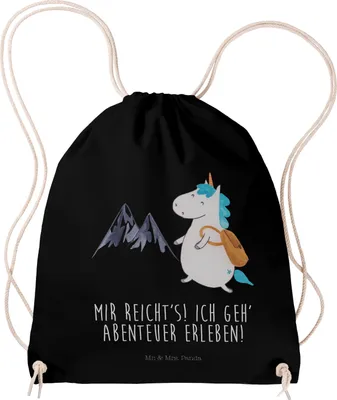 Produktbild von Mr. & Mrs. Panda Jutebeutel Einhorn Bergsteiger - Schwarz - Geschenk, Stoffbeutel, Kleiner Rucksack, Unicorn, Reisen, Beutel, Urlaub, wander, Weltreise, Einhörner