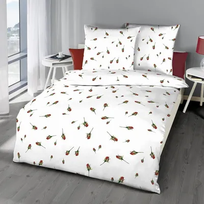 Produktbild von Kaeppel Biber Bettwäsche Rosen Knospen weiss rot 155x220 cm + 80x80 cm