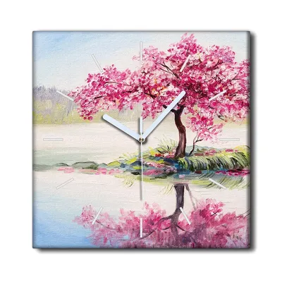 Produktbild von Coloray Uhr auf Leinwand 30x30 cm Wand Uhr Dekoration Wohnzimmer Segeltuch weiße Zeiger -Kirschbaumlandschaft.
