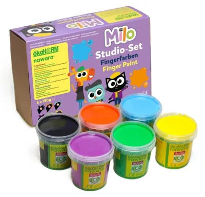 Produktbild von ökoNorm Fingerfarben nawaro, 6er Set "Milo"- schwarz, orange, türkis, violett, grün, gelb