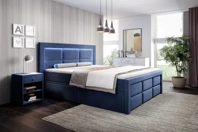 Produktbild von Moebelfest Boxspringbett 160x200 cm mit Bunt LED-Beleuchtung: Polsterbett mit 2 Schubladen, Taschenfederkernmatratze 7 Zonen und Topper (Madrid in Blau)