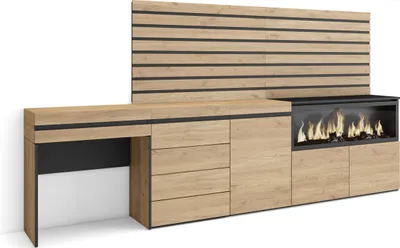 Produktbild von Schminktisch, 284x35x145 cm, mit Schublade, Elektrokamin XXL, Kommode mit Schubladen, Lamellenwand Holz, Eiche farbe