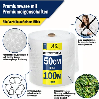 Produktbild von 1x LUFTPOLSTERFOLIE 0,5m x 100m FREI HAUS 50m² Noppen-Folie ER VERSAND