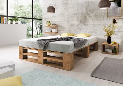 Produktbild von Lermowood Palettenbett M2 180 x 200 cm Eiche Holzbett Massivholzbett Bett aus Paletten Seniorenbett Kinderbett Jugendbett