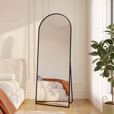 Obrázek produktu pro INONEFT Zakřivené zrcadlo na celé tělo, 165x60 cm, stojací zrcadlo s černým rámem, lze zavěsit na zeď, vhodné do obývacího pokoje, ložnice a šatny
