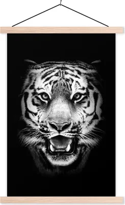 Produktbild von MuchoWow® Textilposter Kopf eines Tigers vor schwarzem Hintergrund - schwarz und weiß 60x90 cm mit holzfarbenen Rahmen - Textil