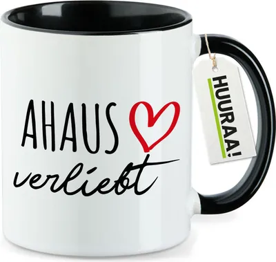 Produktbild von Huuraa Kaffeetasse Ahaus verliebt 330ml Schwarz Keramik Kaffeebecher Geschenkidee
