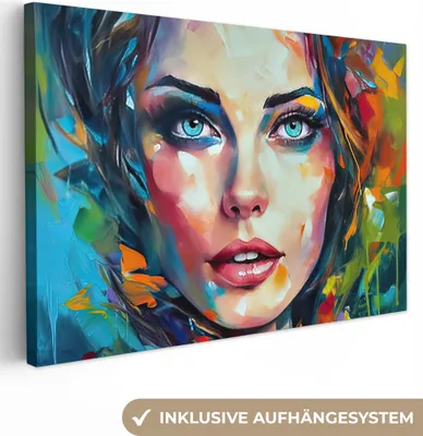 Produktbild von MuchoWow® - Leinwandbilder - Gesicht - Frau - Ölfarbe - Farbenfroh - Kunst, Wandbild, Wanddeko Bilder Wohnzimmer, 30x20 cm