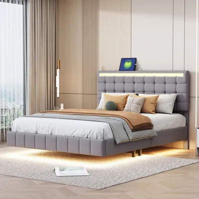 Produktbild von Doppelbett 160 x 200 cm mit Lattenrost, Bett 160 x 200 cm mit LED- und USB-Beleuchtung, Leinenbettgestell, Grau