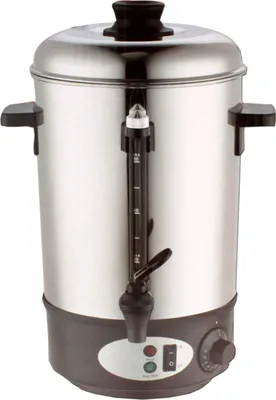 A stainless steel hot water dispenser with a black base and lid.