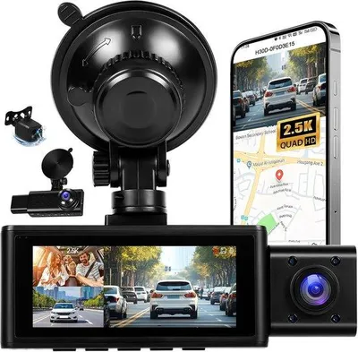 Obrázek produktu pro 2,5K, 3-kanálová palubní kamera s GPS, ovládáním přes aplikaci, G-senzor, noční vidění, 24hodinová parkovací funkce, Full HD 1080P, automobilová kamera