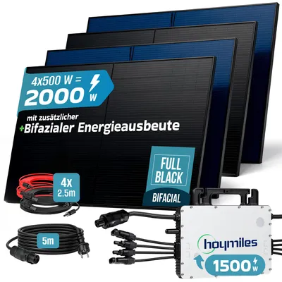 Produktbild von SUNNIVA® 2000W Balkonkraftwerk BIFAZIAL FULLBLACK komplett Steckdose HOYMILES 1500 Watt Wechselrichter, Komplettset 4x500W PV Solaranlage Solarmodule