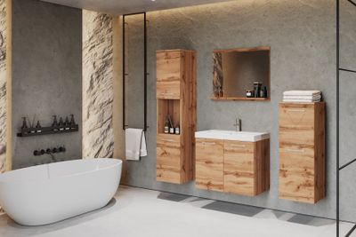 Minio, Badezimmer, Badmöbel 4-Teilig Set "MOLO", mit Waschbecken, Wotan Eiche Farbe