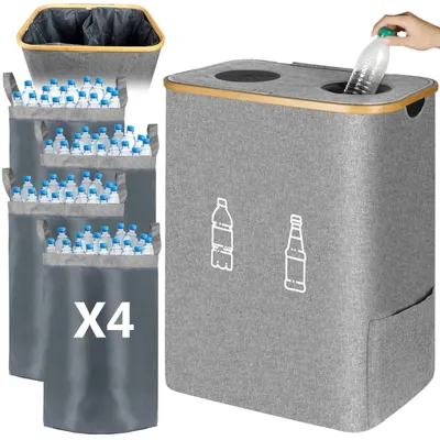 Imagen del producto de Cesta de almacenamiento para botellas retornables - Recolector de botellas retornables - Plegable - 160 litros - 4 bolsas de transporte - Poliéster - Gris claro