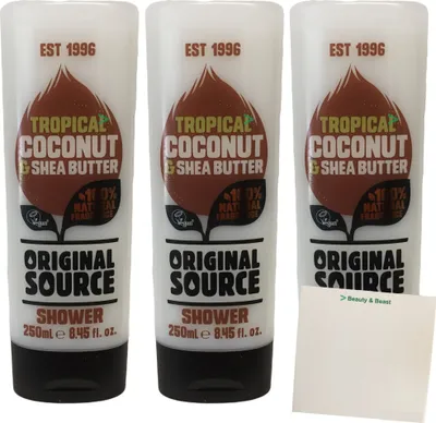 Produktbild von Original Source Tropical Coconut & Shea Butter Duschgel 3er Pack (3x250ml Flasche) + usy Block
