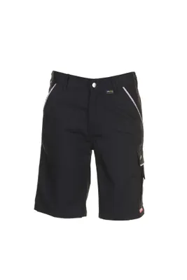 A pair of black work shorts on a white background.