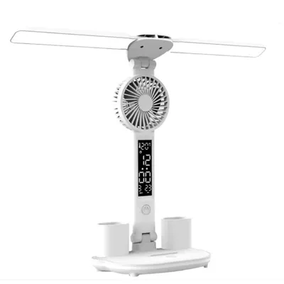 Produktbild von LED Schreibtischlampe Dimmbar 4in1 | Leselampe Bett mit Uhr Ventilator | Doppel Schwenkarm Nachttischlampe Akku 3200mAh | Tischleuchte für Buch Büro