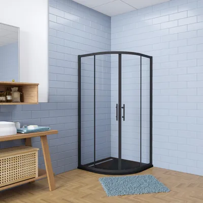 Produktbild von 80x80x185cm Duschkabine Schwarz Runddusche 5mm ESG-Glas Duschabtrennung Viertelkreis Drehtür Dusche Gleittür mit 80x80x3cm Runddusche Schwarz Duschwanne Viertelkreis runde Duschtasse