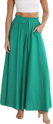 Image de ASKSA Pantalon Femme Jambe Large Eté Taille Haute Plissé Pantalon Léger Jupe Pantalon Eté Pantalon Loisir, Vert, L