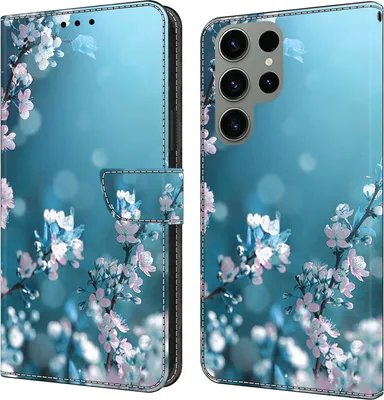 Produktbild von CLM-Tech Handyhülle kompatibel mit Samsung Galaxy S24 Ultra Hülle - Tasche aus Kunstleder - Klapphülle mit Ständer und Kartenfächern - Schutzhülle Wallet Case Cover Pflaumenblüte blau