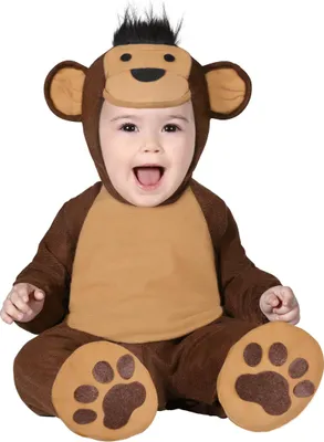 Productafbeelding van Apen carnaval kostuum, dierenbaby kostuum, schattig muts met oren, bruine tinten, zachte kleuren. Perfect voor carnaval en dierenliefhebbers. Zachte kap, schattige pootjes, vrolijk design. Een leuk dierenavontuur voor kleine ontdekkers. Maat: 86/92. Kleur: bruin