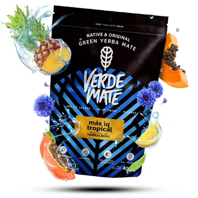 Produktbild von Verde Mate - Mate Tee Mas IQ Tropical 400g - Dicke Blätter 5mm - Natürliche Energie, Fokus - Mit Guarana, Ginseng, Ananas