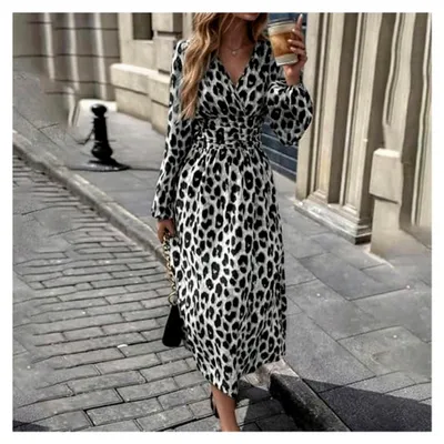 Produktbild von Maxikleid Langarm Damen Leopardenmuster Wickelkleid V-Ausschnitt Winterkleid Rüschenkleid Freizeitkleid