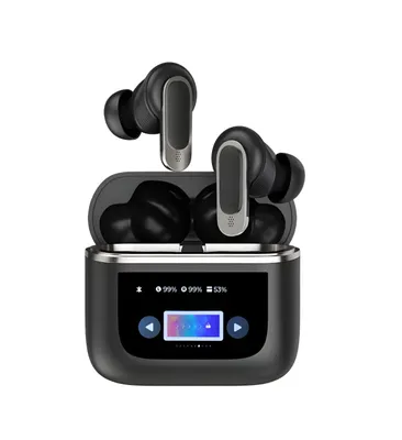 A pair of black wireless earbuds and their charging case are displayed against a white background. The charging case has a small LED screen showing battery levels and playback controls.