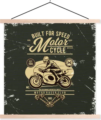Produktbild von MuchoWow® Textilposter Motorrad - Mann - Zeichnung - Retro 40x40 cm mit holzfarbenen Rahmen - Posterleiste