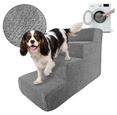 Produktbild von Muralo Treppe für Hund und Katze Rampe HUNDETREPPE Treppe für Haustiere 4 Stufen Grau Bouclé Stoff
