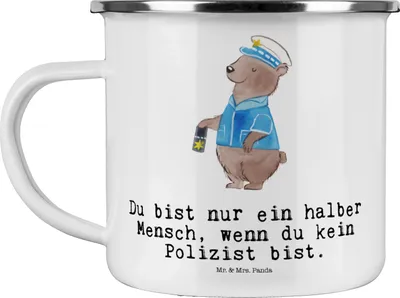 Produktbild von Mr. & Mrs. Panda Emaille Tasse Polizist Herz - Weiß - Geschenk, Teetasse, Cop, Studium, Polizei, Wachmann, Blechtasse, Becher, Pott