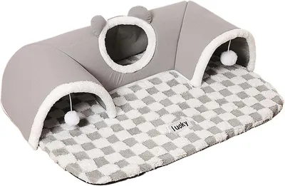 Produktbild von Katzentunnel mit Katzenbetthöhle, drei Öffnungen, Kissennest und interaktivem Spielzeug für Welpen und Kleintiere