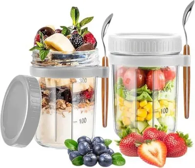 Produktbild von 2 Stück Overnight Oats Gläser mit Deckel und Löffel, Joghurt Gläser mit Messmarken, Auslaufsichere Meal Prep Gläser BPA-frei spülmaschinenfest für Milch Salat Porridge
