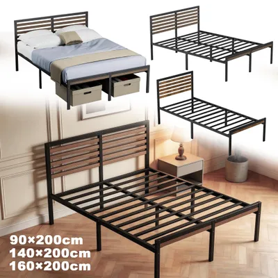 Productafbeelding van YRHome Modern metalen bed met houtnerfmotief, 140x200 cm, met hoofdeinde, geschikt voor elke slaapkamer