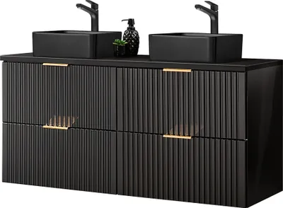 Produktbild von Doppelwaschtisch mit 2 schwarzen Aufsatzbecken, ADELAIDE-56-BLACK, matt schwarz gerillt, B/H/T ca. 120,6/72,2/46,5 cm