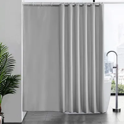 Produktbild von Extra langer Duschvorhang, schimmelresistenter Badezimmervorhang für Dusche und Badewanne, Textilgewebevorhang, antibakteriell, wasserdicht, extra breit 240 x 180 cm, grau mit 16 Haken.