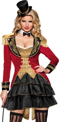 A woman wearing a circus director costume.