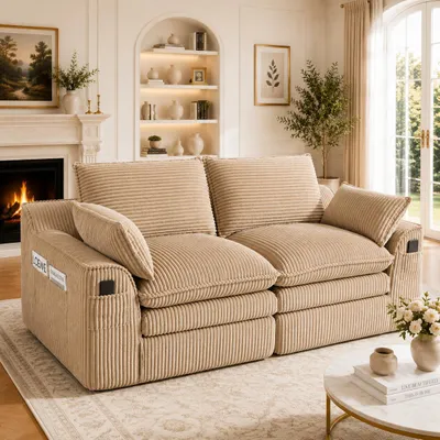 Zdjęcie produktu dla Dwuosobowa sofa z tkaniny w kolorze khaki, modułowa, mała sofa z poduszkami, sprężynowym wypełnieniem i kieszeniami bocznymi, mini sofa, sofa tapicerowana, sofa wypoczynkowa do salonu lub biura, mała sofa