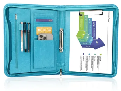 Productafbeelding van Schrijfmap A4, conferentiemap met 2 ringbanden en rits, leer, turquoise
