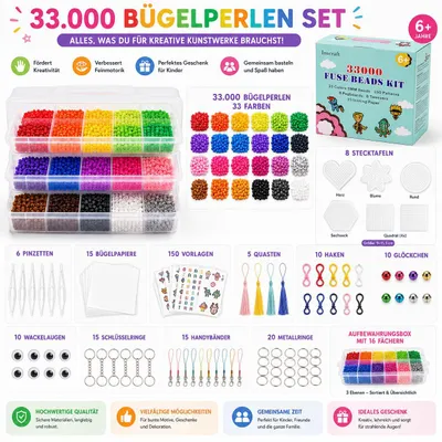 Produktbild von Bügelperlen Set, 33000 teilige große Bügelperlen 5mm, 33 Farben Bügelperlen, 15 Bügelpapier + Bügelperlenvorlage