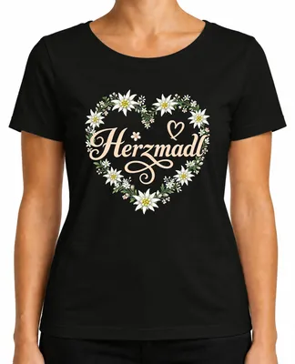 Immagine prodotto di Herzmadl Edelweiss, maglietta da donna con motivo "Edelweiss", stile tradizionale, pantaloni in pelle, alpina, maglietta, nera, taglia XXL