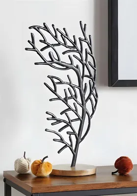 Image de Arbre de décoration "Stürmisch" Arbre en fonte d'aluminium, noir, socle en bois de manguier, hauteur 42 cm, figure décorative, sculpture