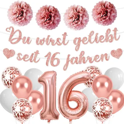 Productafbeelding van Deko-set voor een 16e verjaardag, meisjes, roze goud: ballonnen, slinger, 32-inch cijferballonnen, 12-inch latexballonnen, papieren bloemen