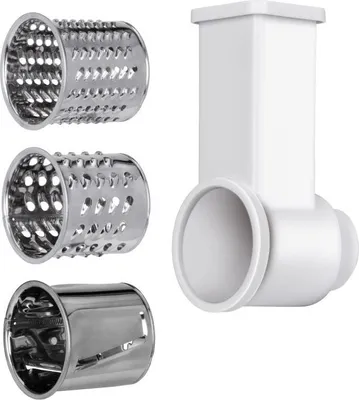 A set of attachments for a food processor, including three different grating/slicing drums and the main attachment housing.