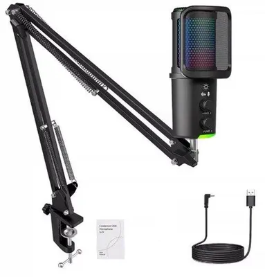 Immagine prodotto di Microfono a condensatore USB con illuminazione RGB e riduzione del rumore, ideale per il gaming e lo streaming
