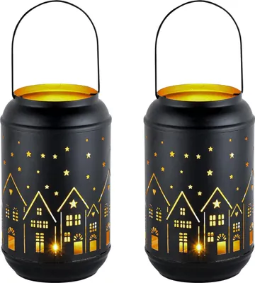 Produktbild von Marrakesch 2er Set Deko Teelichthalter Glowtree Schwarz Gold 20cm | Windlicht mit Häuser Motiv aus Metall | Skandinavische Kerzenhalter Laterne modern | Adventsdeko Weihnachtsdeko & Tischdeko