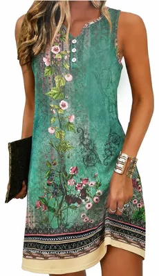 Produktbild von Damen Sommerkleid, Boho Strandkleid, Größe S bis 2XL, grün, V-Ausschnitt, Blumen