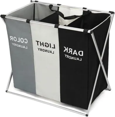 Immagine prodotto di Grande cesto portabiancheria pieghevole a 3 scomparti - Per bagno e lavanderia - Grigio, bianco, nero - 655 x 395 x 60 cm