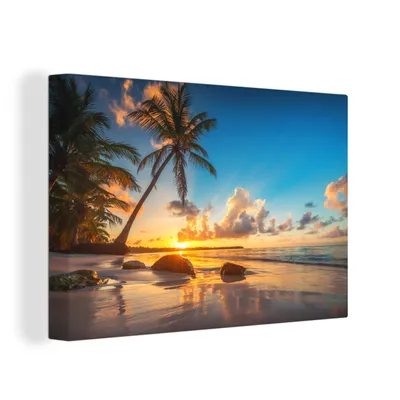 Zdjęcie produktu dla OneMillionCanvasses® - Obrazy na płótnie - 150x100 cm, Plaża - Morze - Palma - Zachód słońca, Dekoracja ścienna z nadrukiem